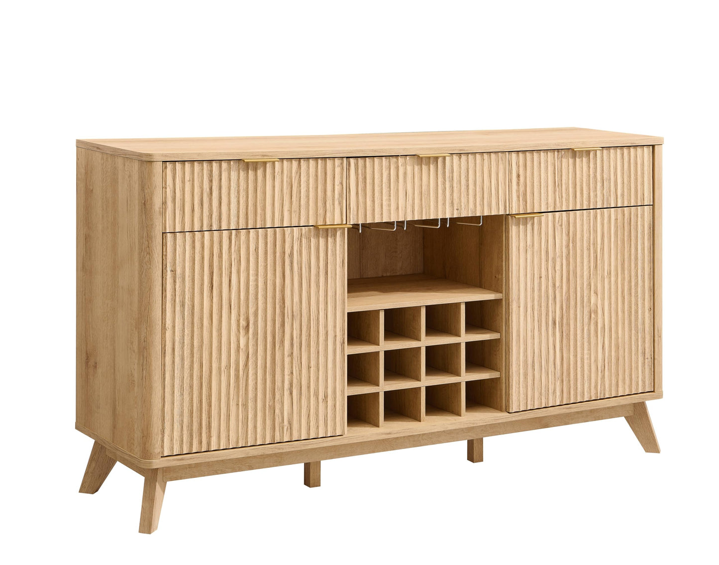 60" Fluted Buffet Cabinet with 3 Drawers and 2 Doors, Modern Wine and Coffee Bar Sideboard with Wine and Glass Racks, Adjustable Shelves for Kitchen or Dining, Natural Oak