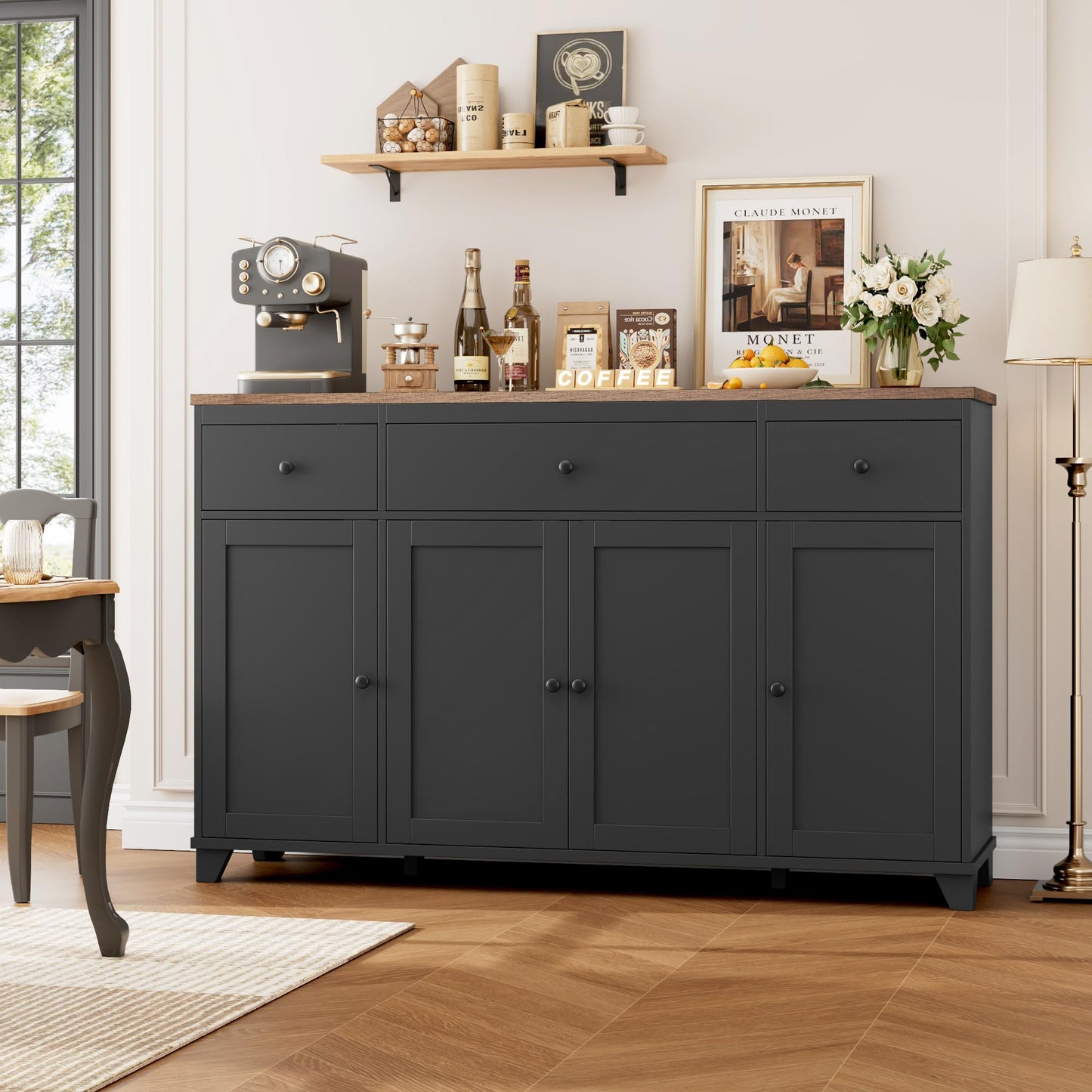 **HIFIT 55" Large Kitchen Buffet Cabinet with Storage, Farmhouse Sideboard with Drawers, Doors, and Shelves, Wood Coffee Bar Cabinet for Kitchen, Dining, or Living Room, Black**