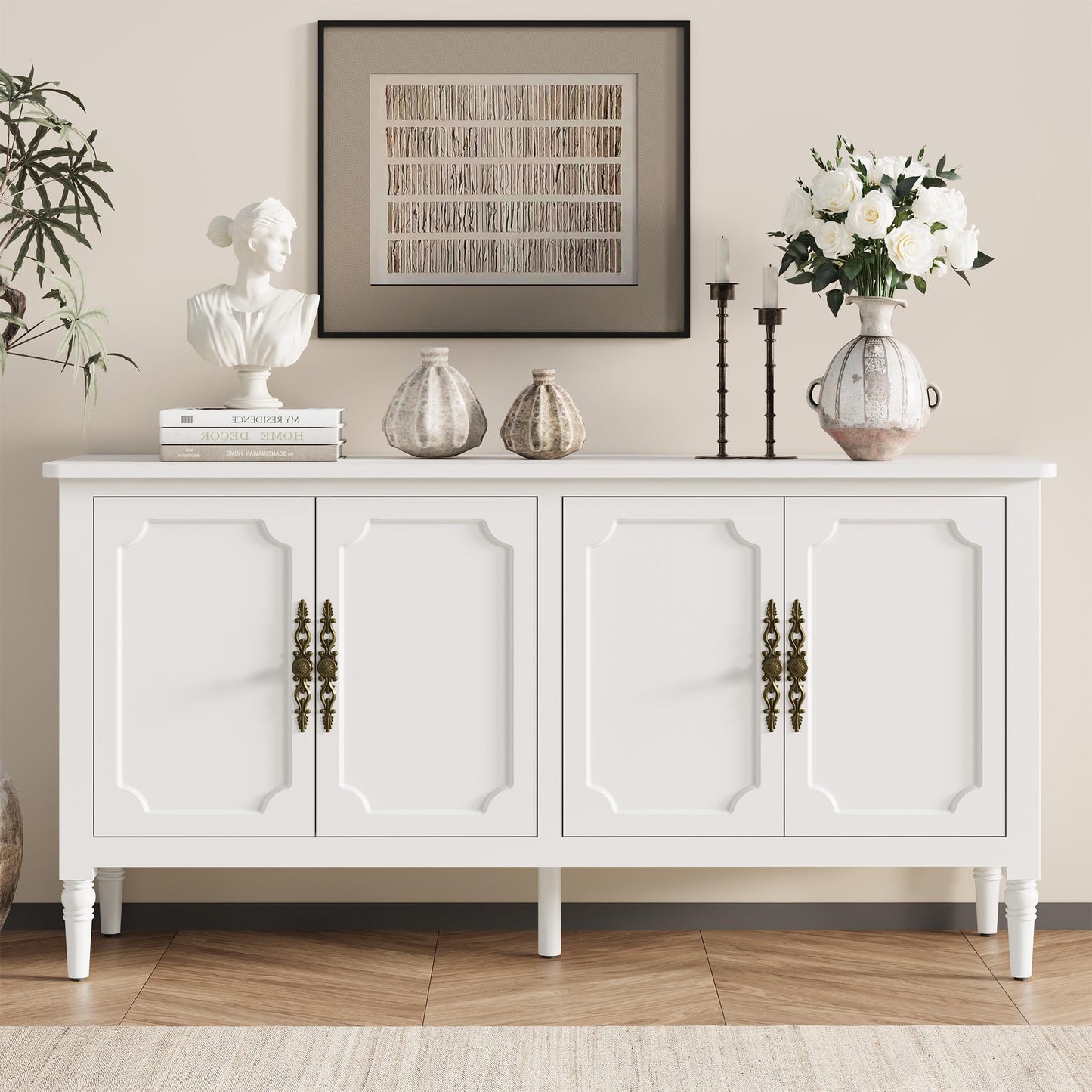 58" Mid-Century Modern Sideboard Buffet Cabinet with Storage and Solid Wood Legs, 4-Door Credenza for Entryway, Kitchen, or Living Room, Satin White