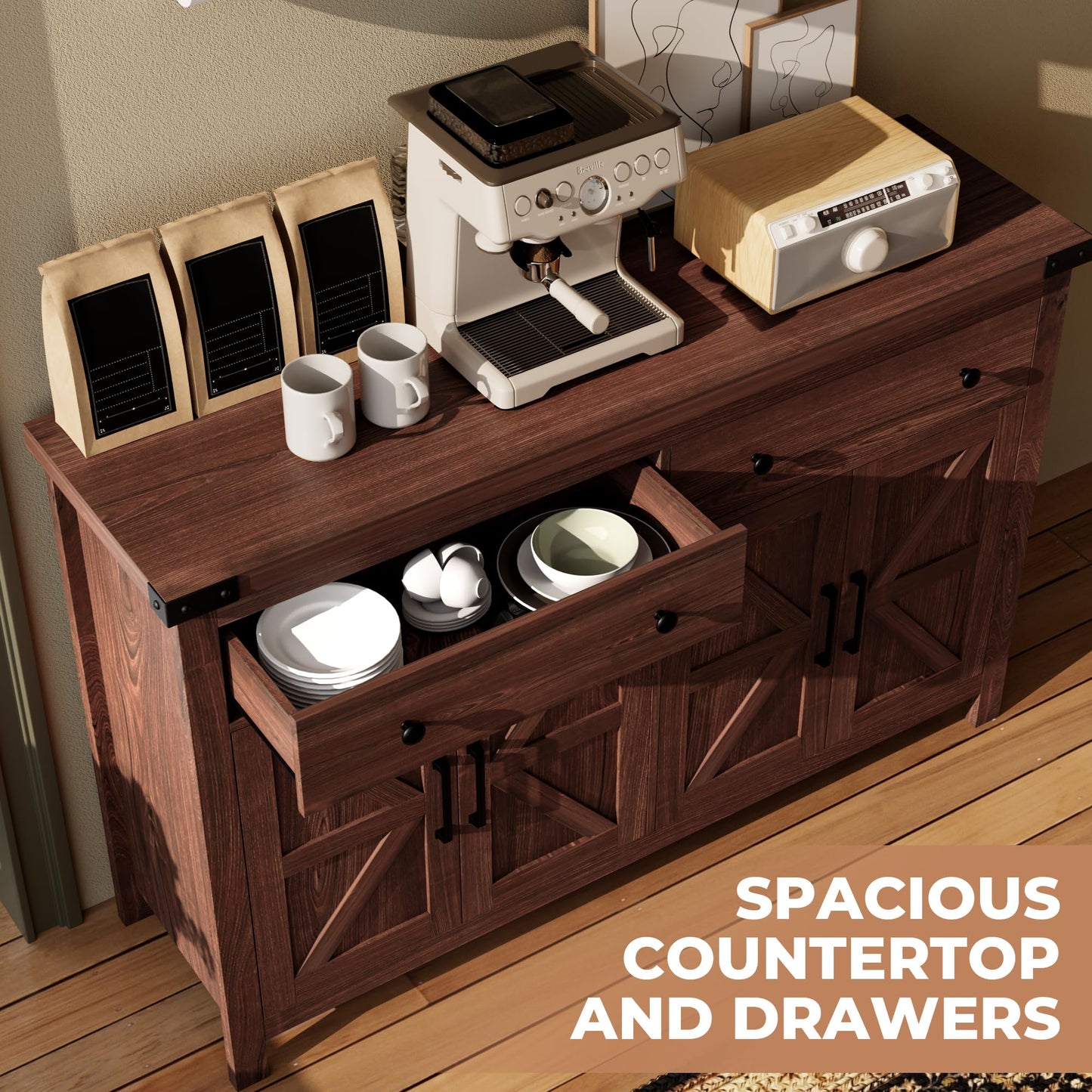 55'' Farmhouse Buffet Cabinet with Storage, Cherry Wood Sideboard Coffee Bar Cabinet with 4 Doors & 2 Drawers, Large Kitchen Storage Cabinet for Dining Room & Living Room