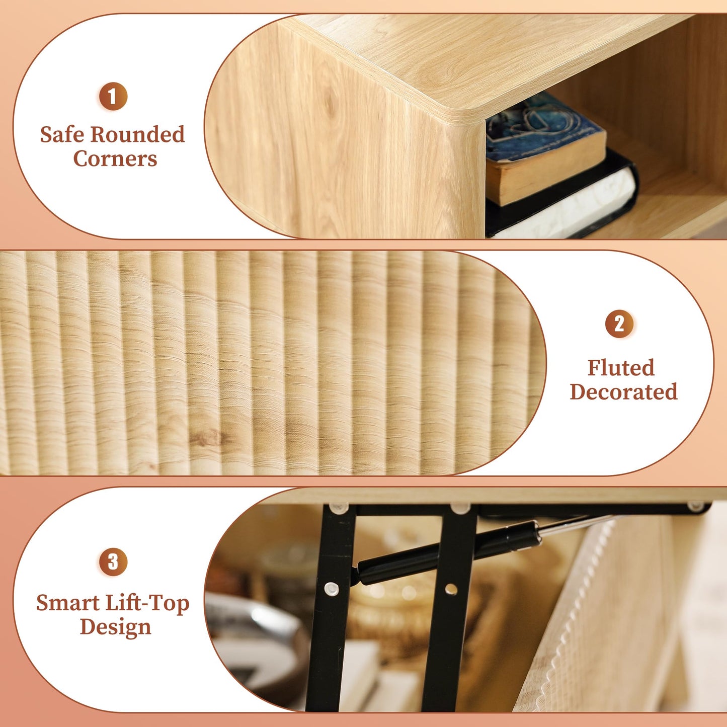 LYNCOHOME Fluted Lift Top Coffee Table with Hidden Compartment – Modern Center Table for Living Room or Home Office, Natural Finish