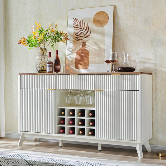 60" Fluted Buffet Cabinet with 3 Drawers and 2 Doors, Modern Wine and Coffee Bar Sideboard with Wine and Glass Racks, Adjustable Shelves for Kitchen or Dining, Antique White