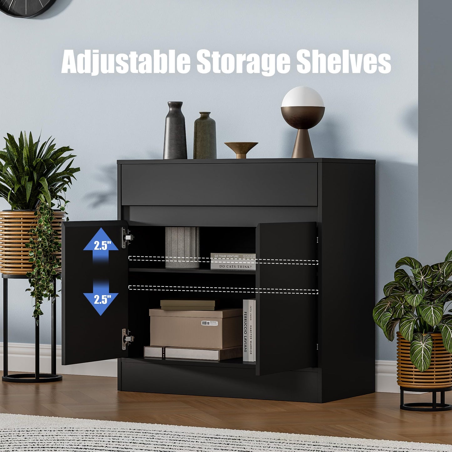 Buffet Cabinet with 2 Doors, Drawer, and Adjustable Shelf, Modern Kitchen Sideboard Coffee Bar for Living Room or Kitchen, Black