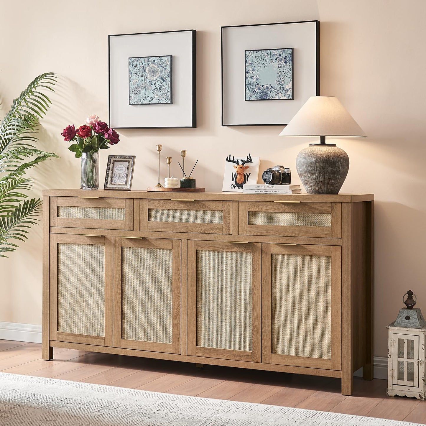 Boho Rattan Sideboard Buffet Cabinet with 4 Doors and 3 Drawers, Farmhouse Storage Credenza with Adjustable Shelves for Living Room, Hallway, or Kitchen