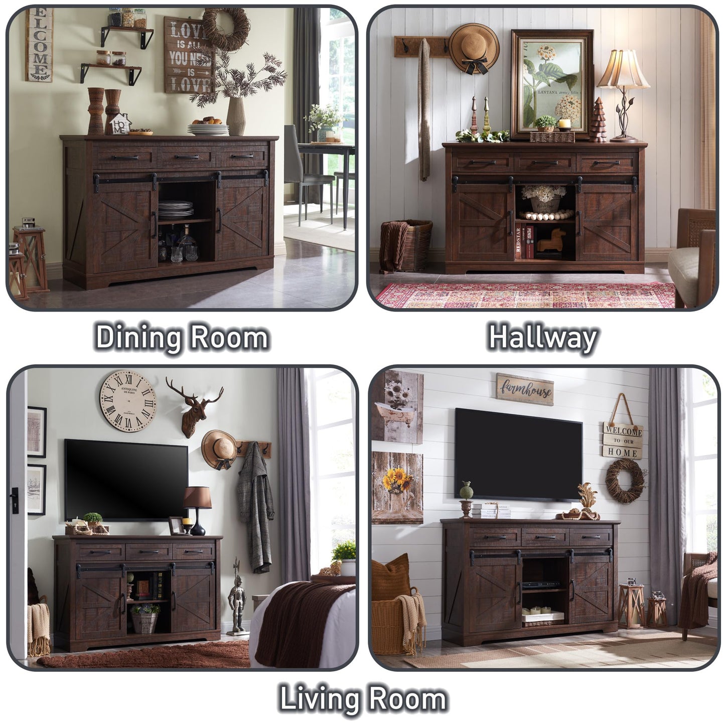 **Farmhouse Buffet Cabinet, 53" Sideboard with 3 Drawers, Rustic Storage Cabinet with Sliding Barn Door, Coffee Bar for Dining Room, Kitchen, Hallway, or Living Room, Brown**