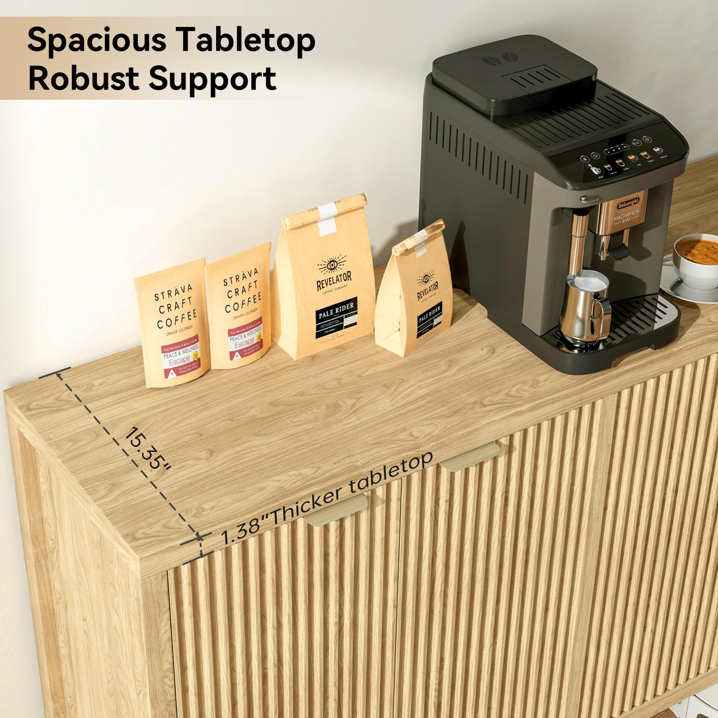 Fluted Sideboard Buffet Cabinet with 4 Doors and Adjustable Shelves, Modern Credenza Coffee Bar Table, Natural Oak