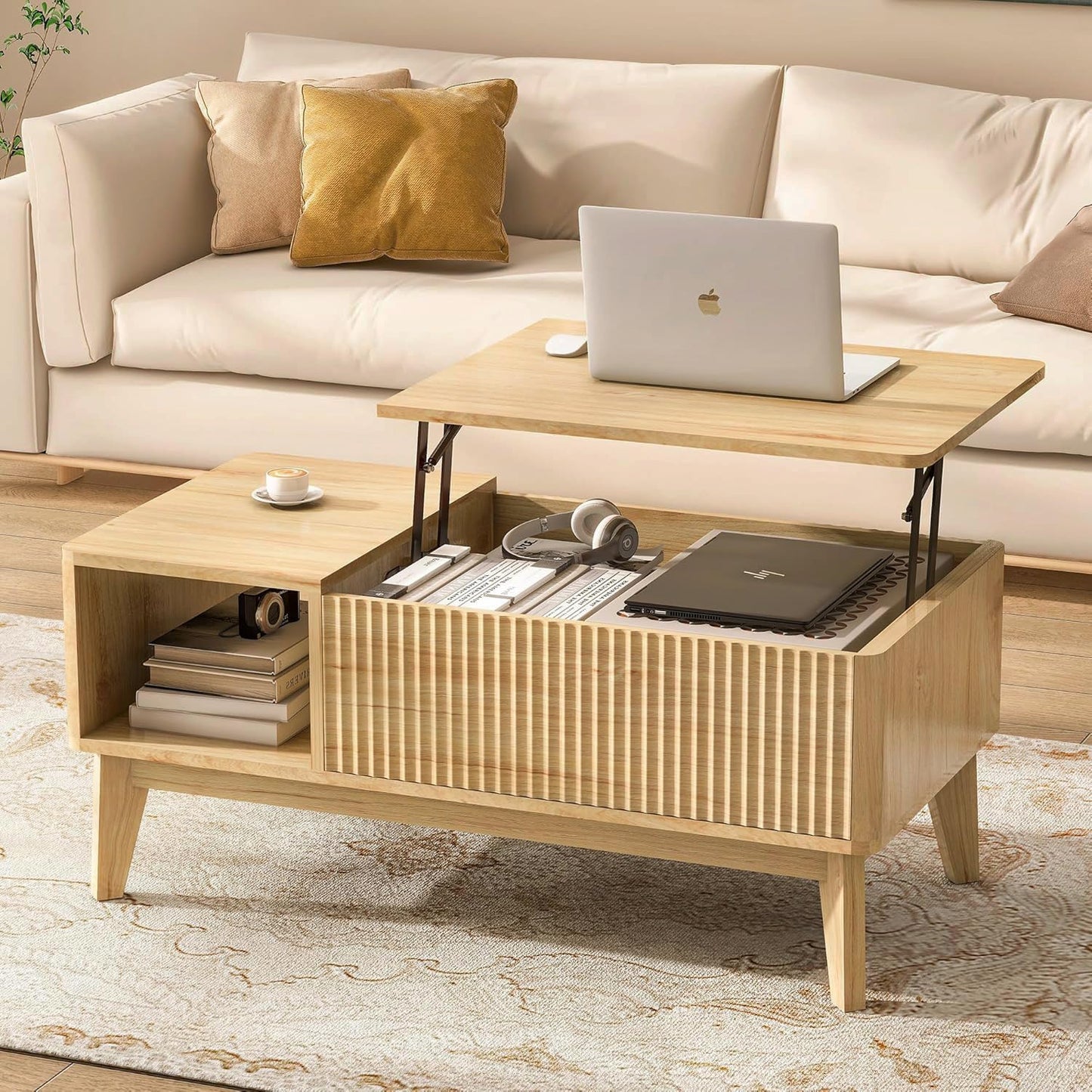 LYNCOHOME Fluted Lift Top Coffee Table with Hidden Compartment – Modern Center Table for Living Room or Home Office, Natural Finish