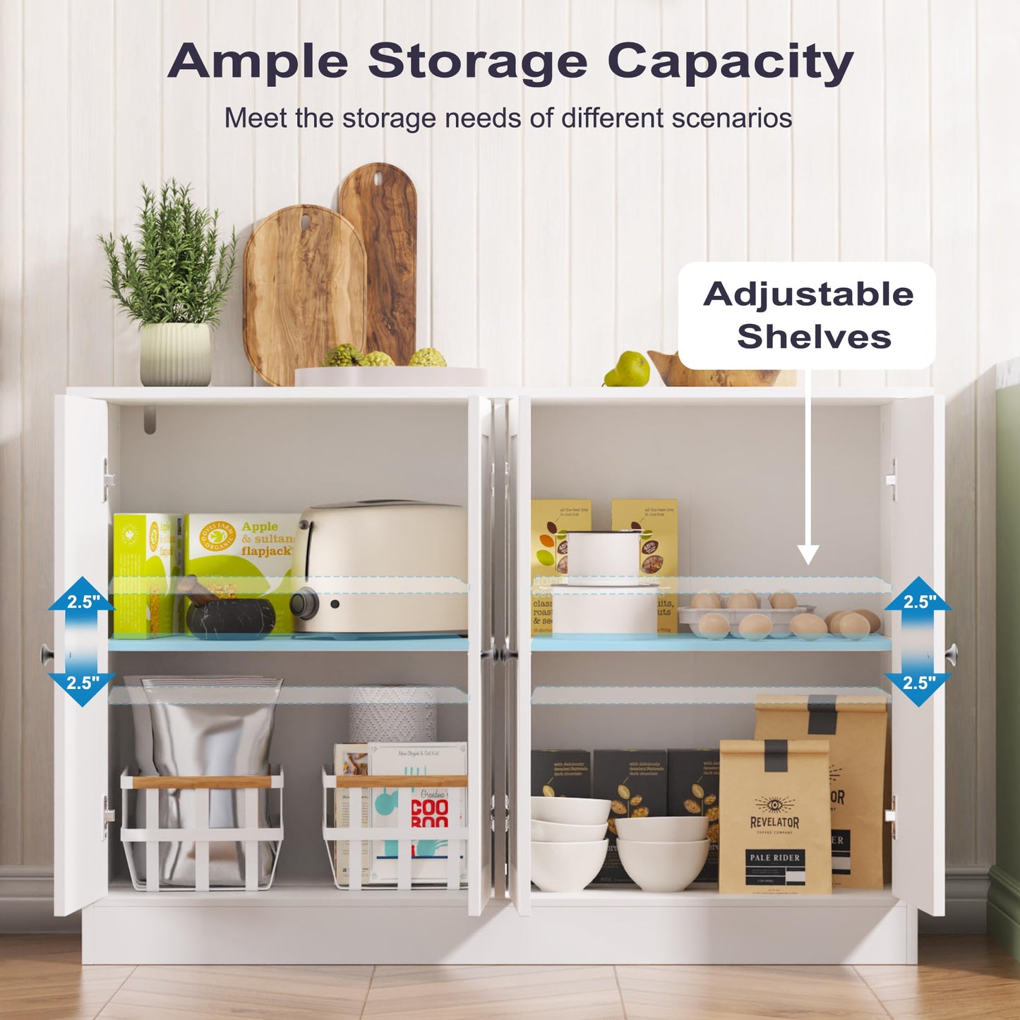 47" Sideboard Buffet Cabinet with 4 Doors, Modern Farmhouse Coffee Bar Storage Table for Kitchen, Dining, or Living Room, White