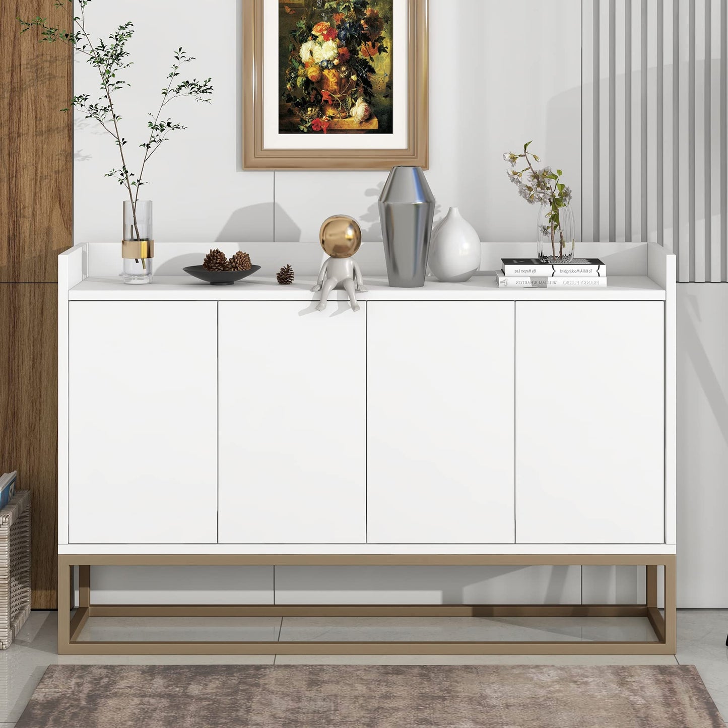 Modern Wood Sideboard Buffet Cabinet with Doors, Adjustable Shelves, and Metal Base, Kitchen Storage for Small Spaces, White