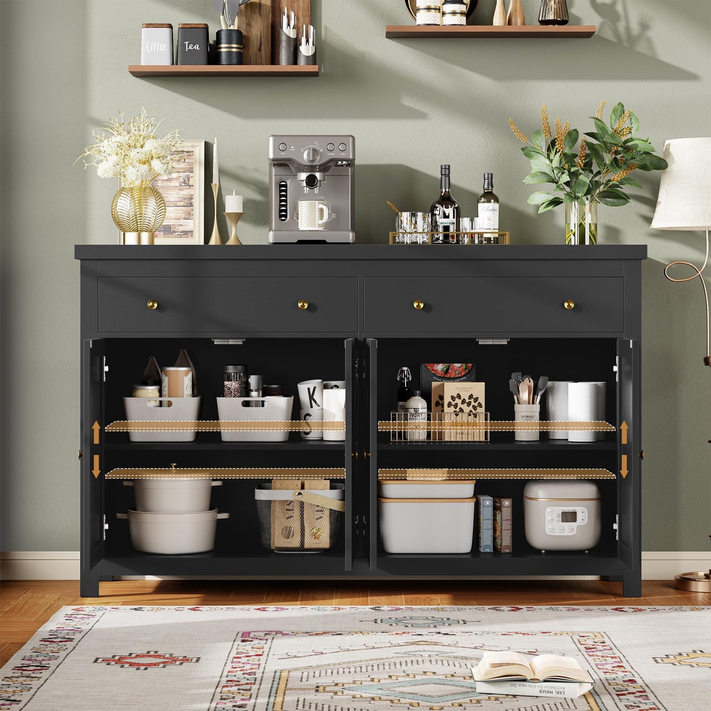 55" Large Sideboard Buffet Cabinet with 2 Drawers and 4 Doors, Wood Storage Buffet Table for Kitchen or Dining Room, Black