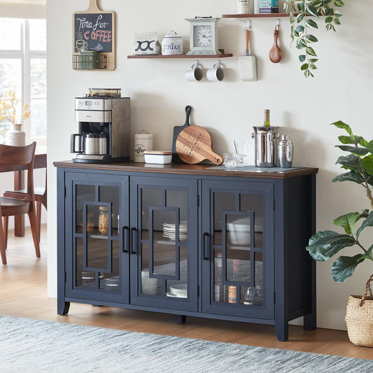 **55" Large Farmhouse Sideboard Buffet Cabinet with Storage, Wood Coffee & Wine Bar Cabinet with 3 Glass Doors, Mid-Century Modern Sideboard for Dining Room or Living Room, Navy Blue**