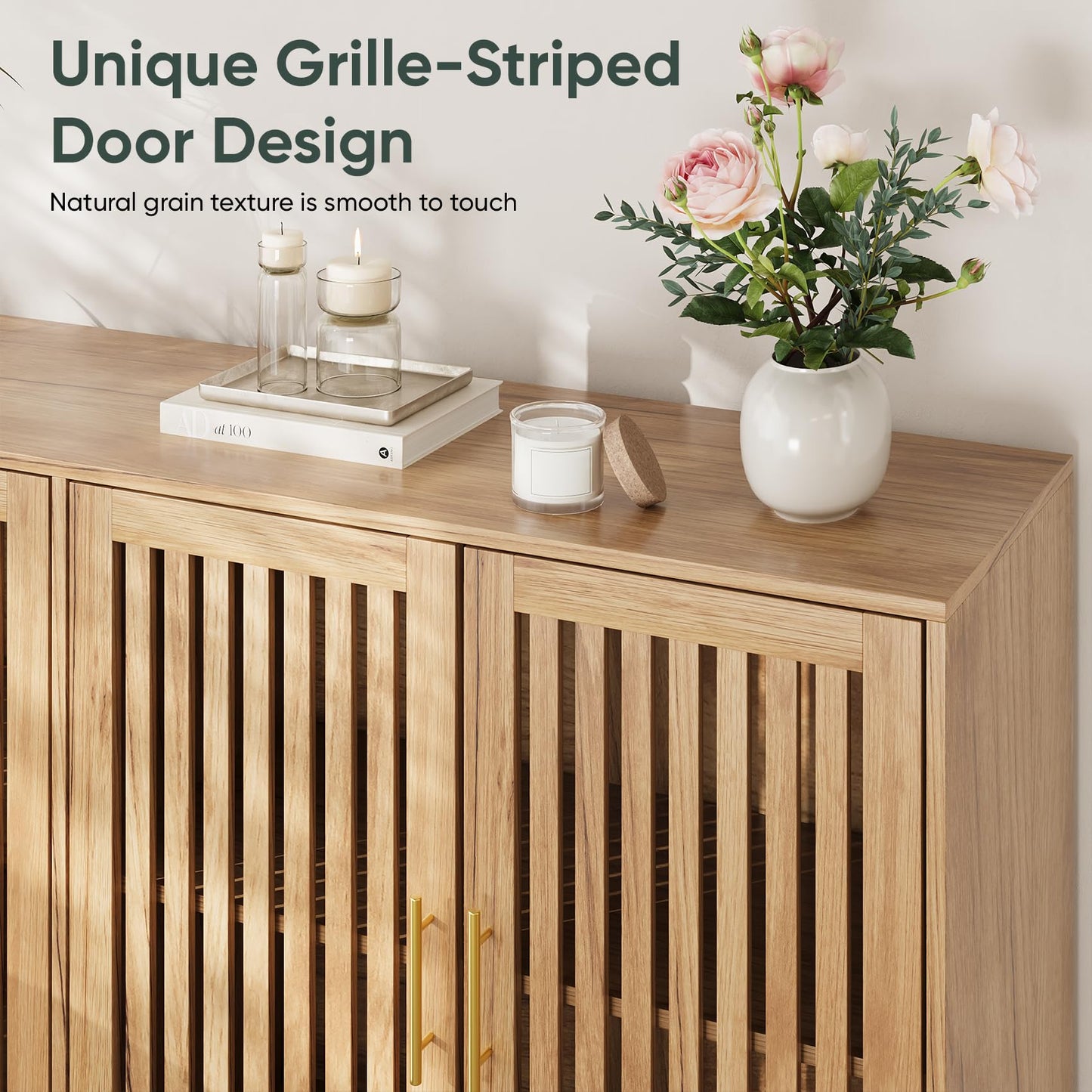 63" Sideboard Buffet with 4 Louvered Doors and Gold Handles, Farmhouse Coffee Bar Storage Cabinet for Entryway, Kitchen, Dining, or Living Room, Walnut