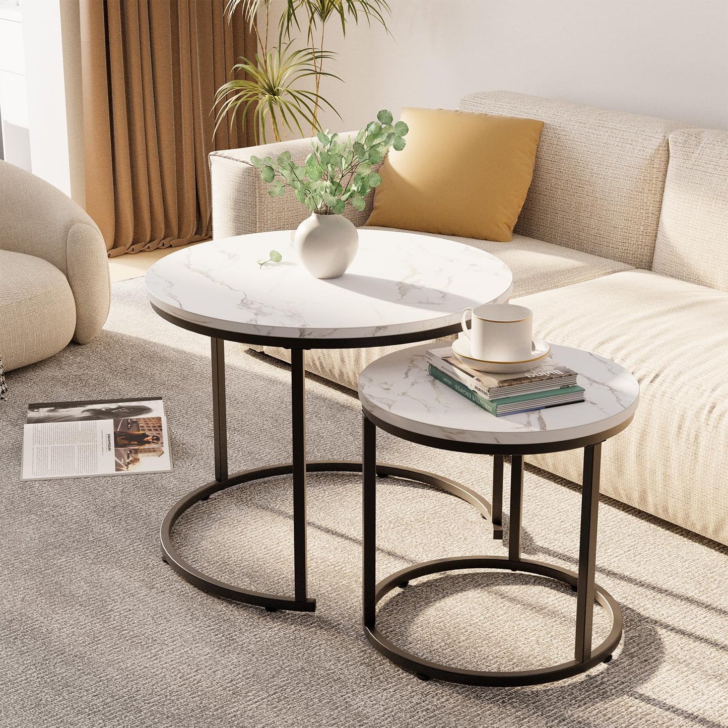 Round Nesting Coffee Table Set of 2, White Faux Marble Wooden Tables with Black Steel Frame for Living Room or Bedroom
