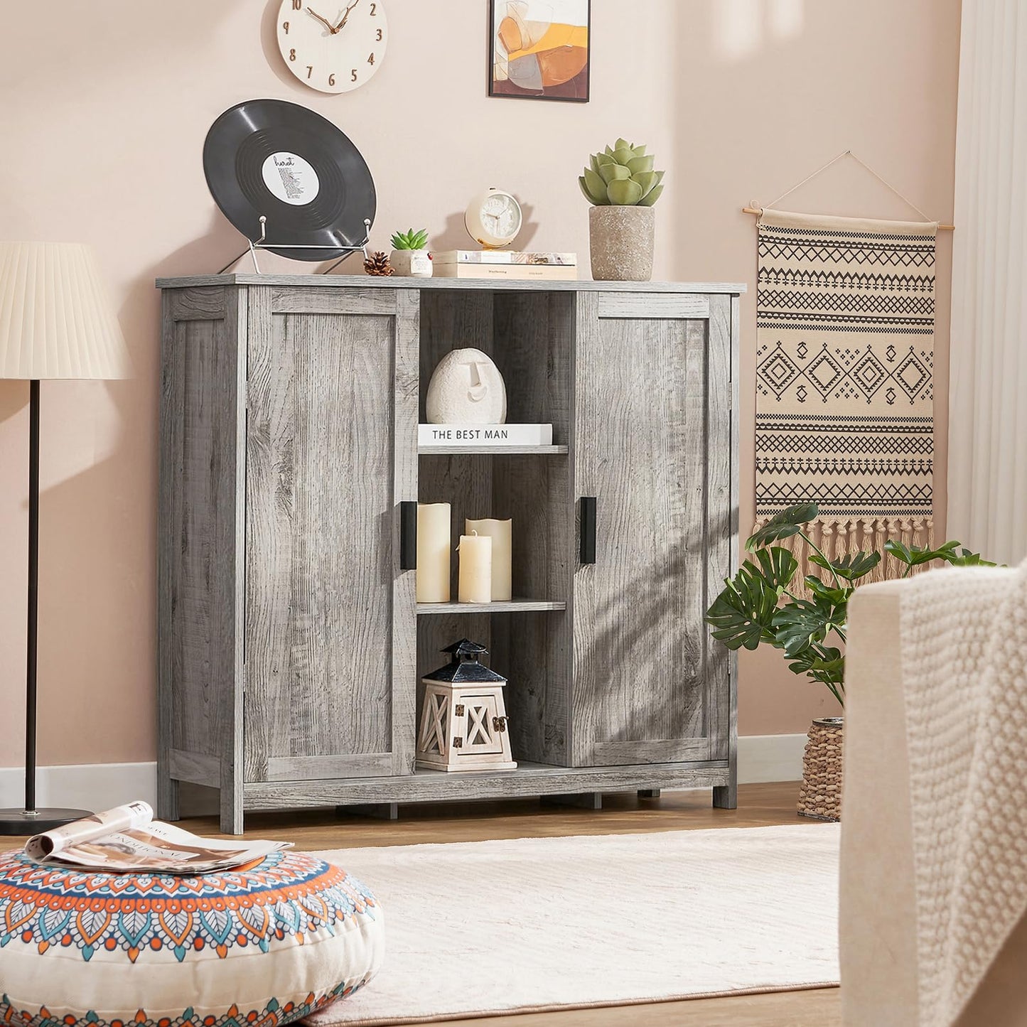 Storage Cabinet with 2 Doors and 4 Adjustable Shelves, Buffet Floor Cabinet for Living Room, Entryway, or Kitchen, Rustic Gray