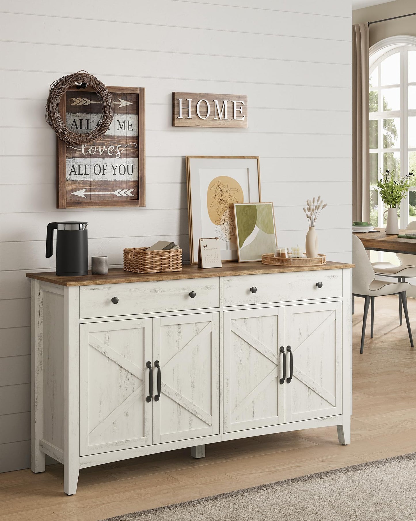 **Buffet Cabinet, Coffee Bar Cabinet with 2 Drawers, Adjustable Shelves, Sideboard Storage with Cable Holes and Drawer Dividers, Rustic White and Honey Brown**