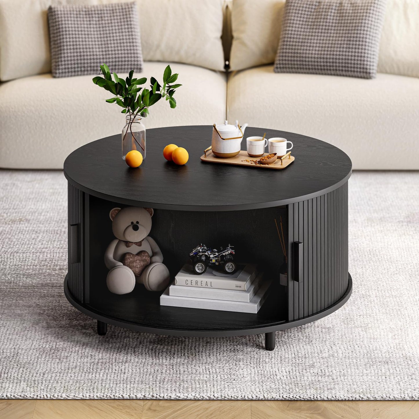Round Coffee Table with Storage, 31.5" Modern Fluted Wood Table with 360° Sliding Door and Adjustable Footpads, Black