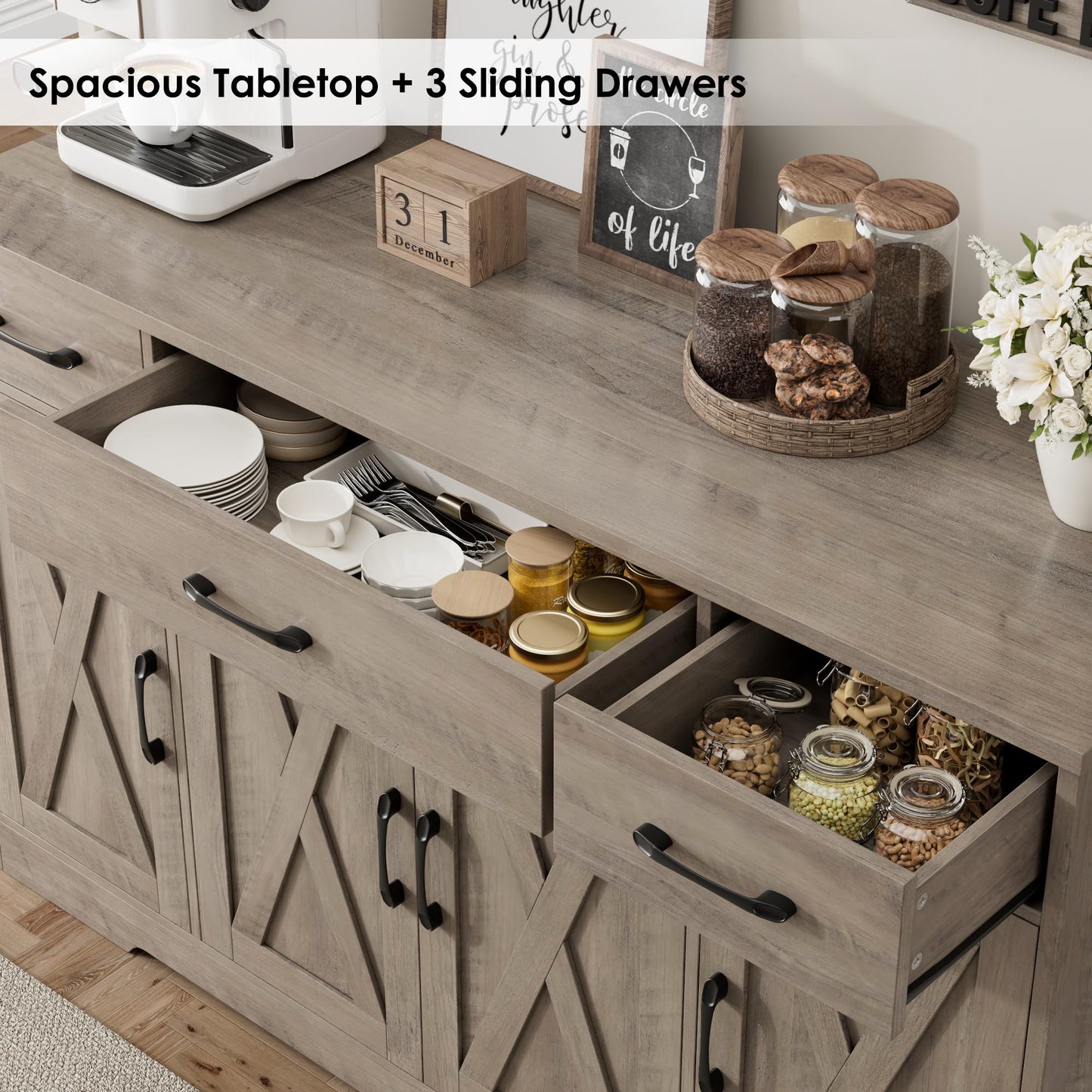 55" Large Buffet Sideboard Cabinet with Drawers, Shelves, and Doors, Modern Farmhouse Coffee Bar Station for Kitchen or Dining Room, Ash Grey
