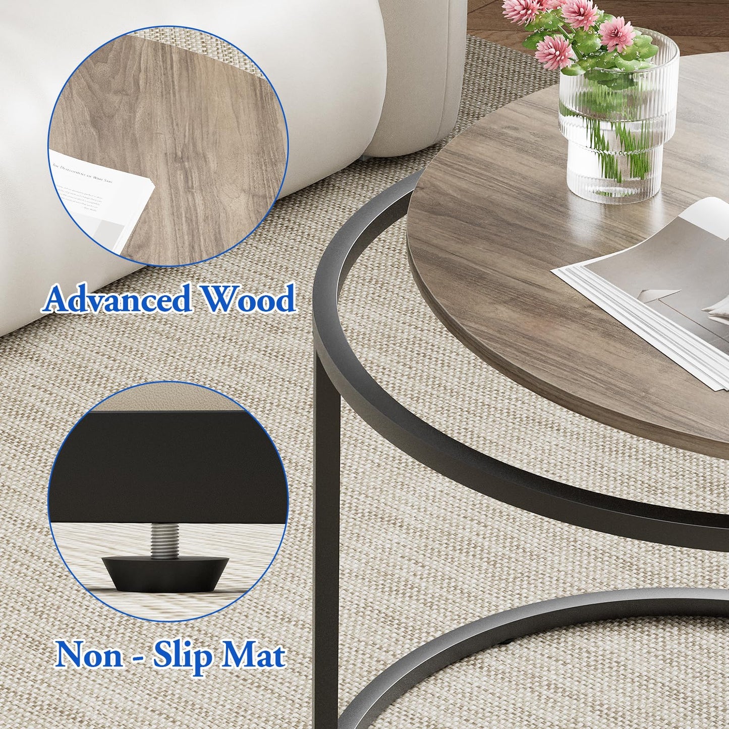 Nesting Coffee Table Set of 2, Round End Tables with Sturdy Metal Frame for Living Room or Bedroom, Oak