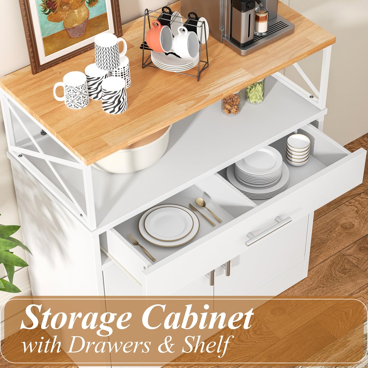 **Shintenchi Modern Kitchen Buffet Cabinet with Adjustable Shelf, Farmhouse Coffee Bar Storage Cabinet, White**