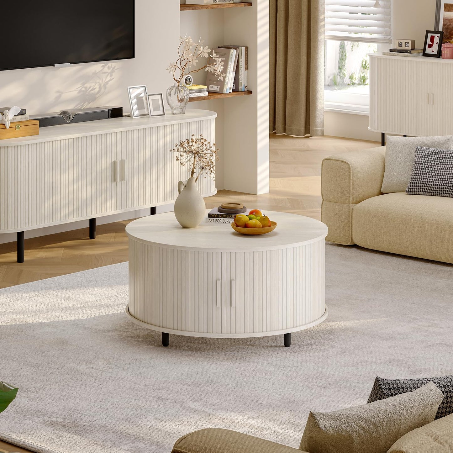 Round Coffee Table with Storage, 31.5" Modern Fluted Wood Table with 360° Sliding Door and Adjustable Footpads, Natural White