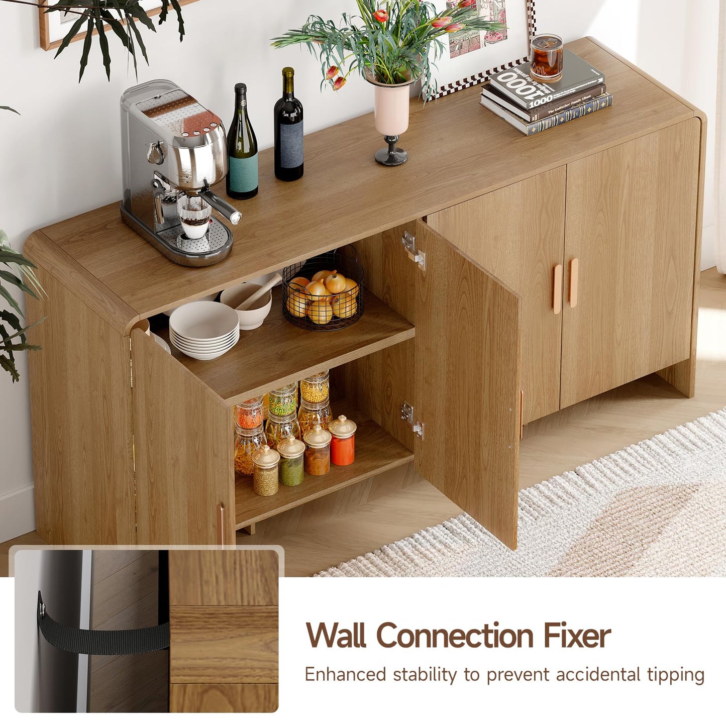 60" Curved Sideboard Buffet Cabinet with 4 Doors and Adjustable Shelves, Farmhouse Coffee Bar Storage for Living Room, Kitchen, or Hallway, Oak