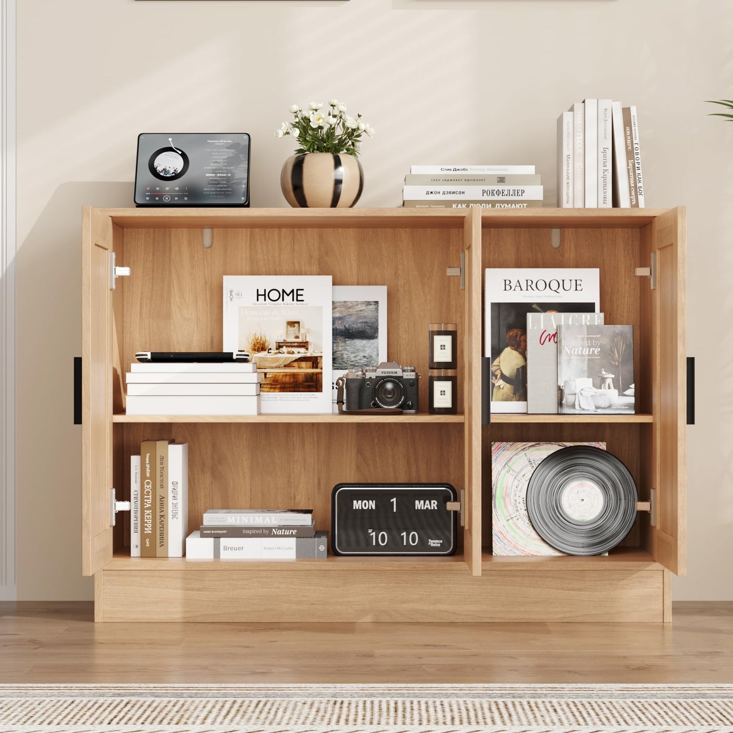 43" Oak Buffet Cabinet with 3 Doors and Adjustable Shelf, Modern Coffee Bar Sideboard for Kitchen or Living Room