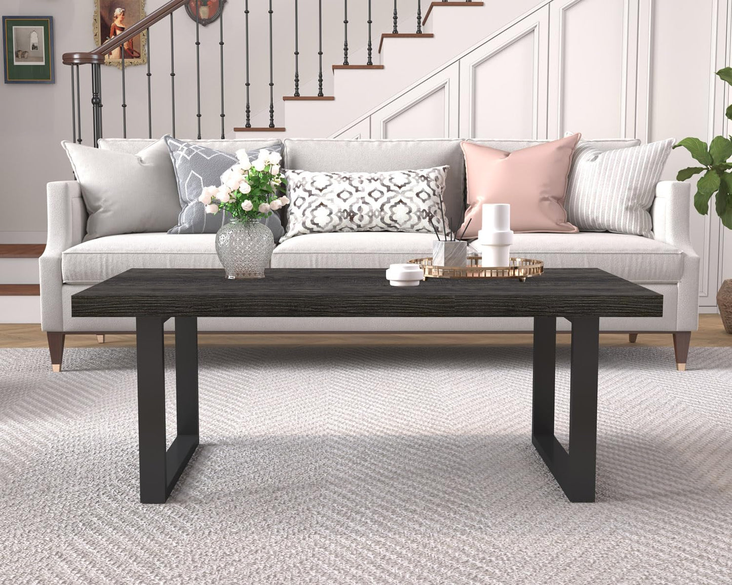 IBF 47" Rustic Coffee Table – Modern Industrial Wood and Metal Rectangle Center Table, Minimalist Farmhouse Cocktail Table for Living Room, Dark Gray Oak