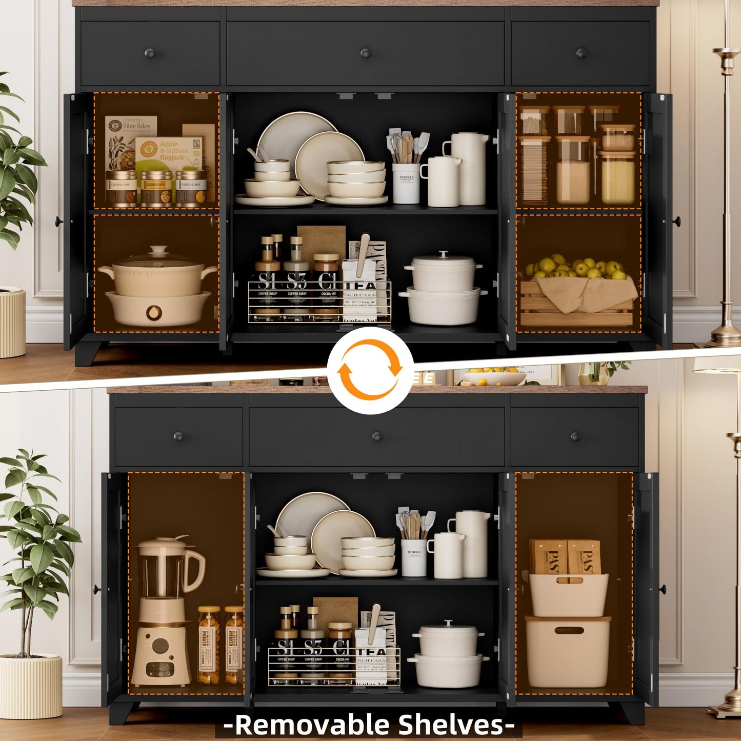 **HIFIT 55" Large Kitchen Buffet Cabinet with Storage, Farmhouse Sideboard with Drawers, Doors, and Shelves, Wood Coffee Bar Cabinet for Kitchen, Dining, or Living Room, Black**