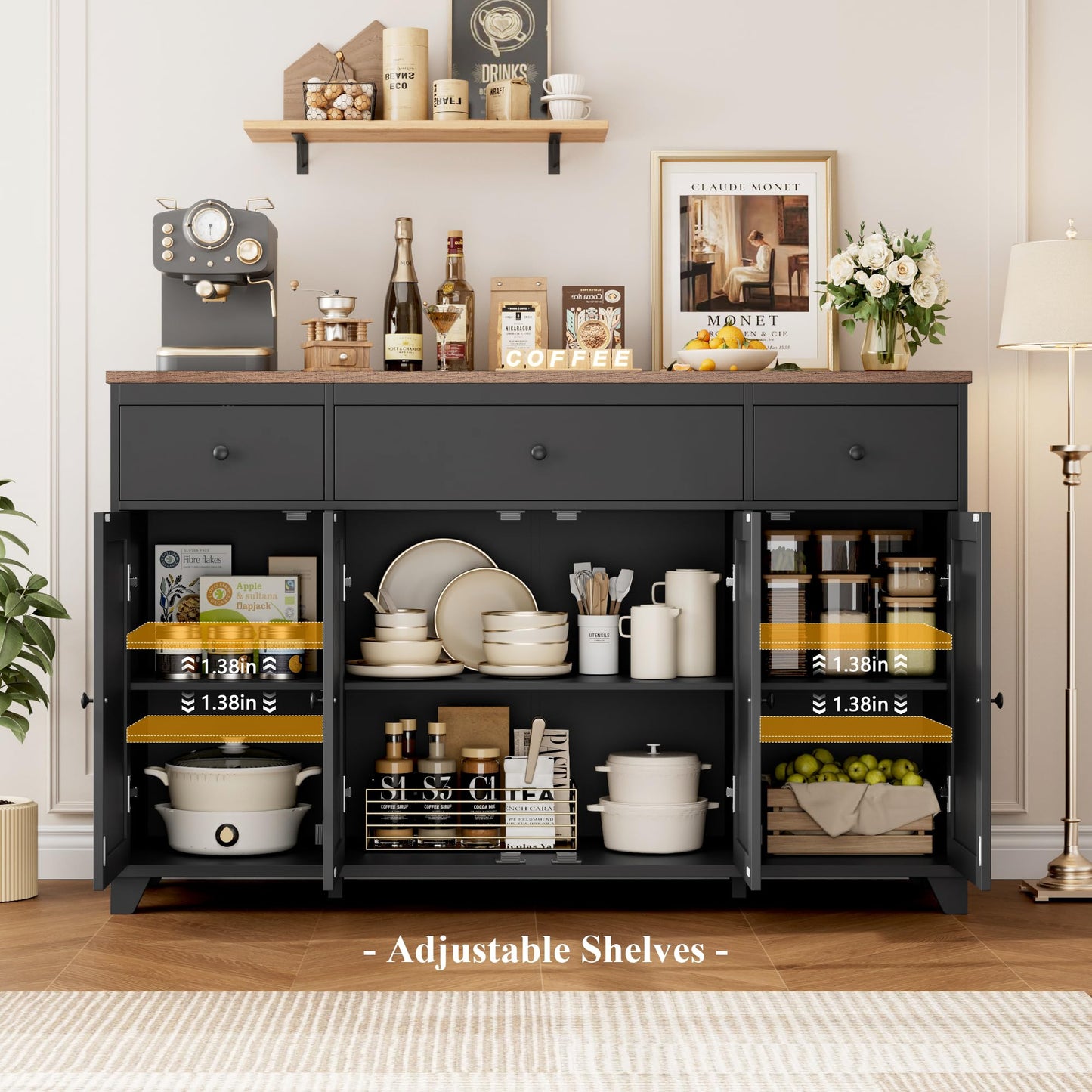 **HIFIT 55" Large Kitchen Buffet Cabinet with Storage, Farmhouse Sideboard with Drawers, Doors, and Shelves, Wood Coffee Bar Cabinet for Kitchen, Dining, or Living Room, Black**