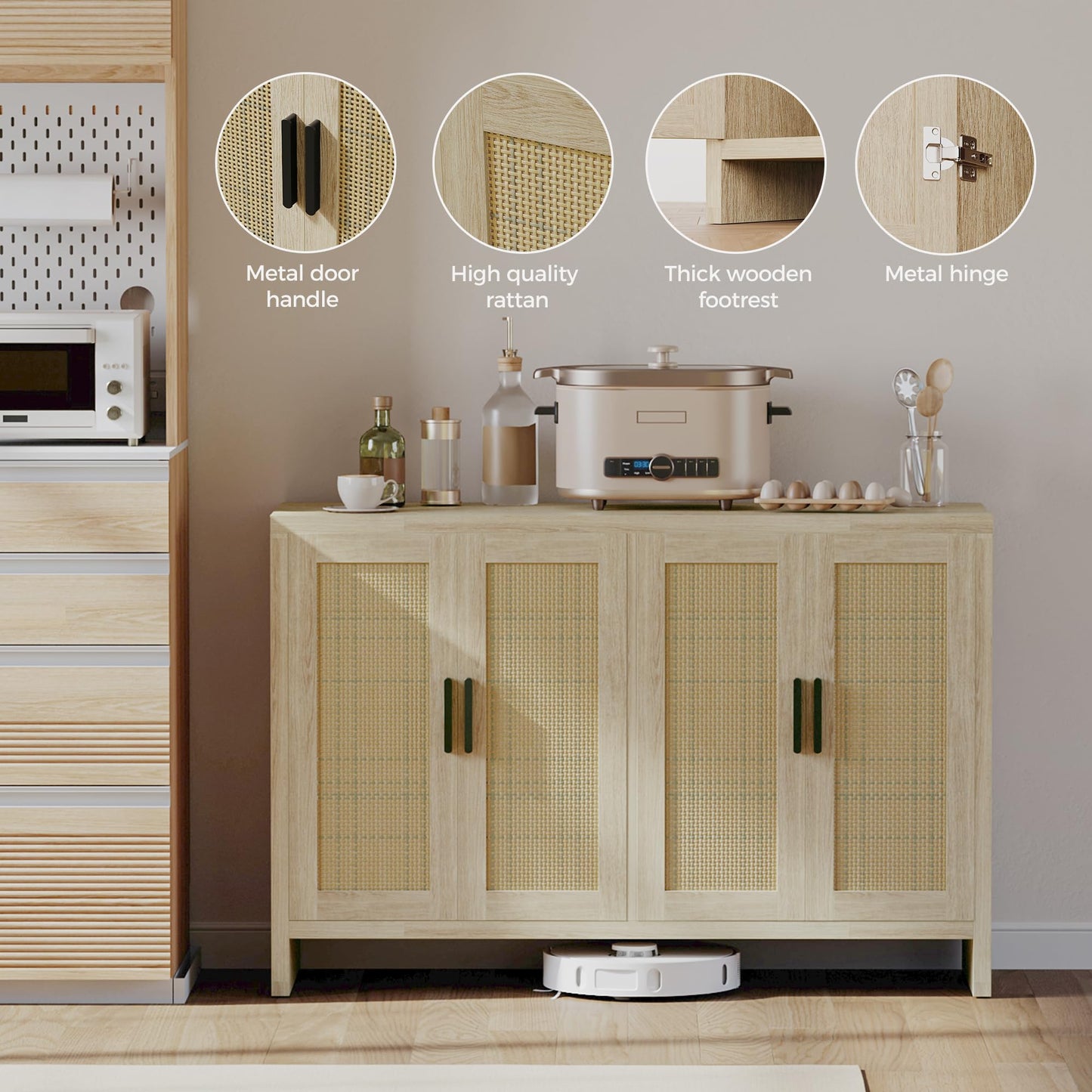 **Rattan Buffet Cabinet with Storage, Sideboard with Doors, TV Stand, Farmhouse Coffee Bar, Modern Wood Storage Cabinet for Living Room, Kitchen, or Dining Room, Oak**