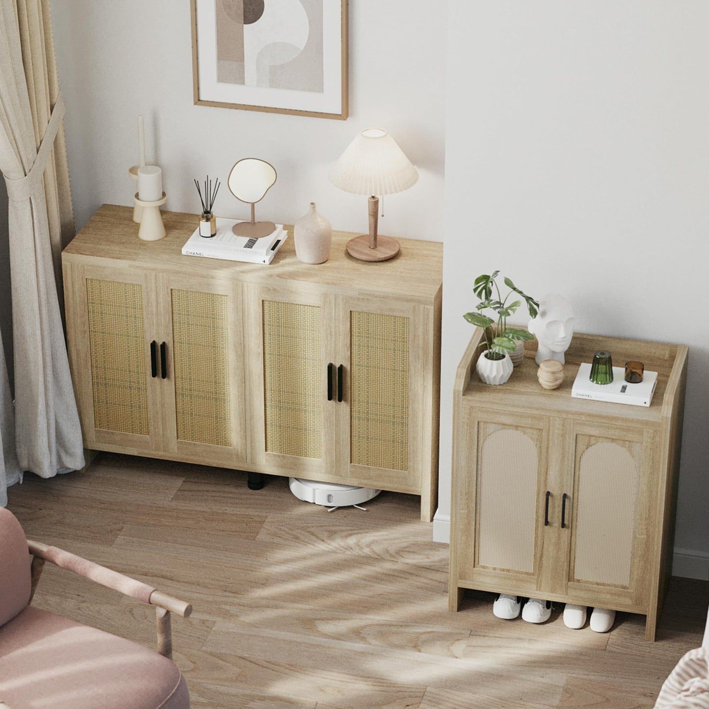 **Rattan Buffet Cabinet with Storage, Sideboard with Doors, TV Stand, Farmhouse Coffee Bar, Modern Wood Storage Cabinet for Living Room, Kitchen, or Dining Room, Oak**