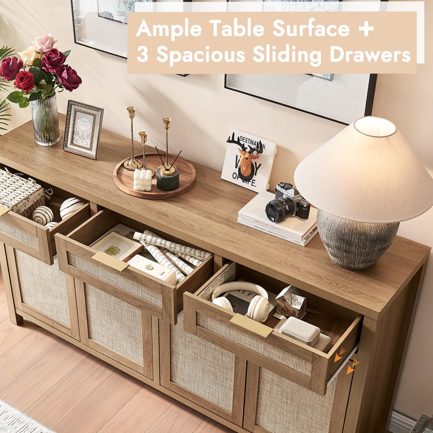 Boho Rattan Sideboard Buffet Cabinet with 4 Doors and 3 Drawers, Farmhouse Storage Credenza with Adjustable Shelves for Living Room, Hallway, or Kitchen