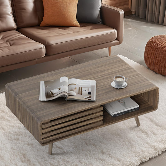 Farmhouse Wood Coffee Table with Storage for Living Room, Easy Assembly, Light Brown