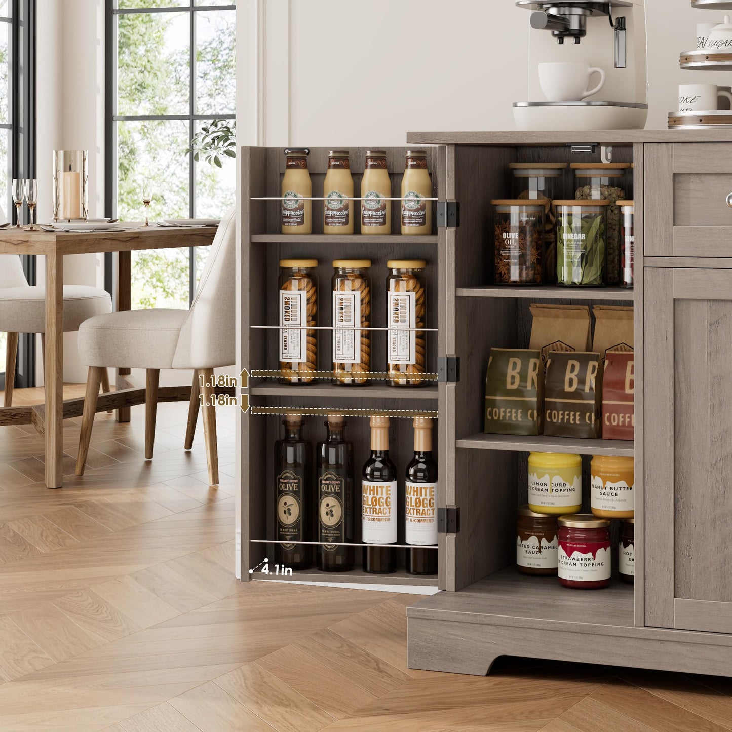 **HITHOS 54" Modern Buffet Cabinet with Storage, Ash Grey Kitchen Sideboard with Drawer, Wood Coffee Bar Station with Adjustable Shelves for Living Room**