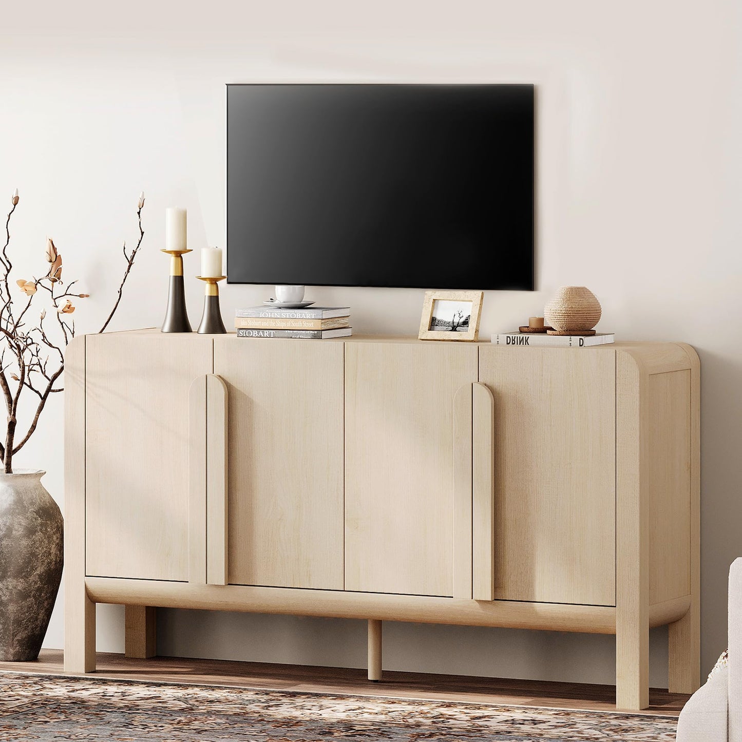 63" Large Curved Buffet Sideboard Cabinet with 4 Doors, Modern Coffee Bar and Wine Bar Storage for Dining Room, Living Room, or Kitchen, Light Oak