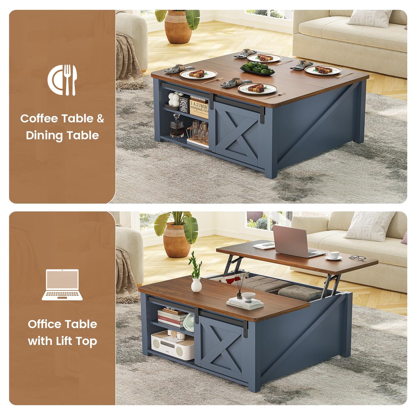 SEDETA 31.5" Lift Top Square Coffee Table with Storage – Farmhouse Living Room Table featuring Large Hidden Compartment, Adjustable Shelves & Stylish Blue Finish