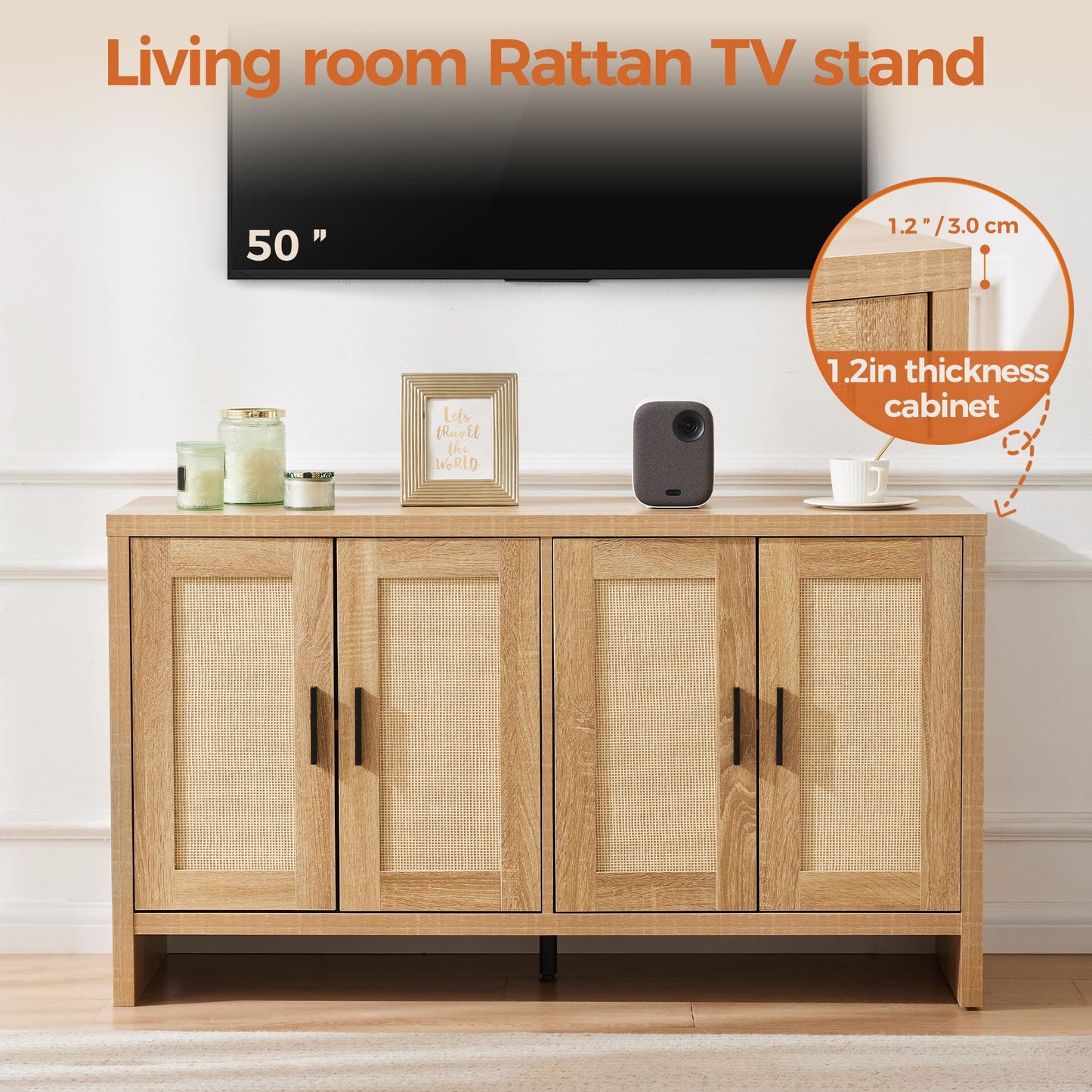 **Rattan Buffet Cabinet with Storage, Sideboard with Doors and Adjustable Shelves, Farmhouse Coffee Bar Station, Modern Wood Cupboard for Kitchen, Living Room, or Dining Room**