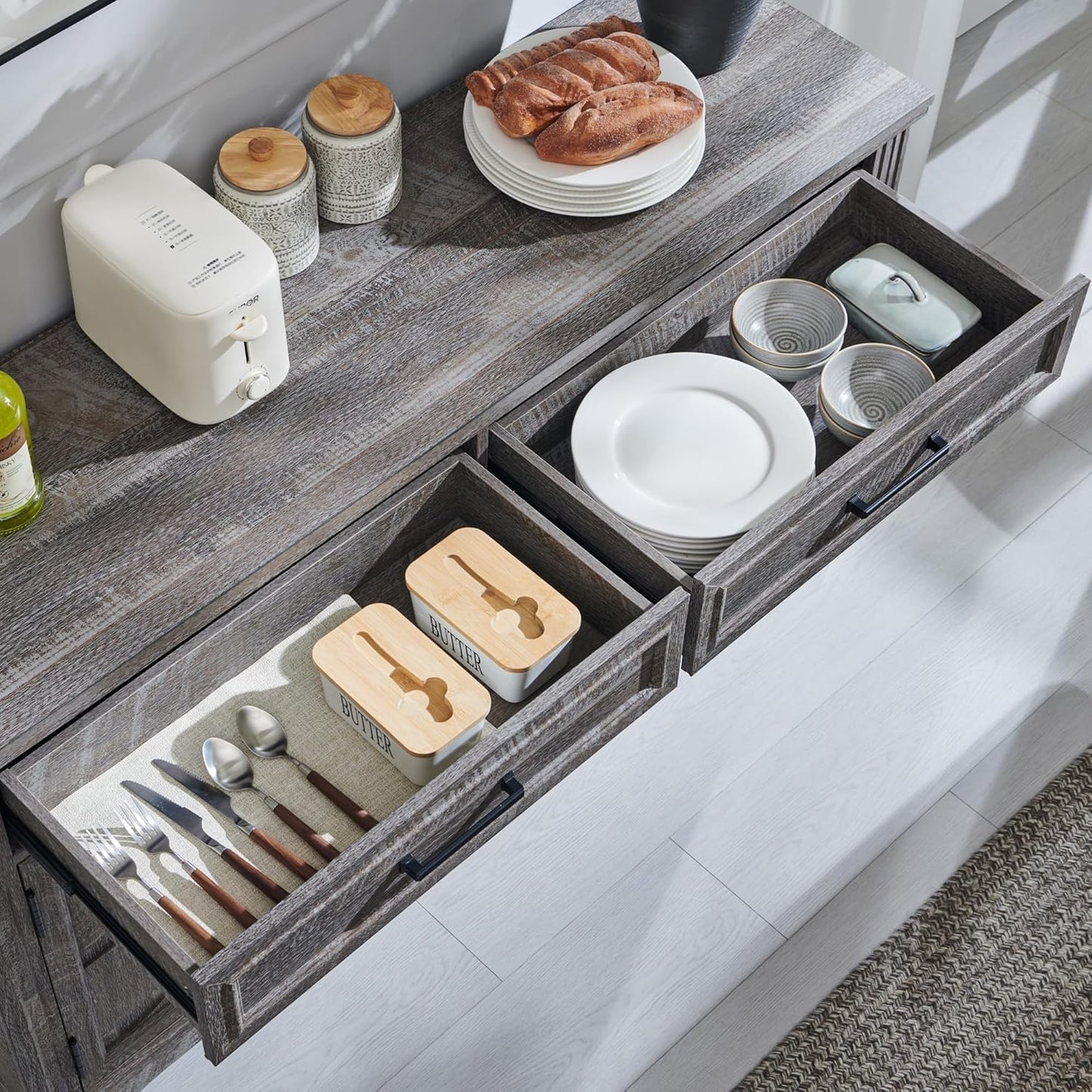 **55" Large Buffet Sideboard Cabinet with 3 Doors and 2 Drawers, Buffet Table Coffee Bar Wine Bar Storage Cabinet for Dining Room or Living Room, Dark Grey**