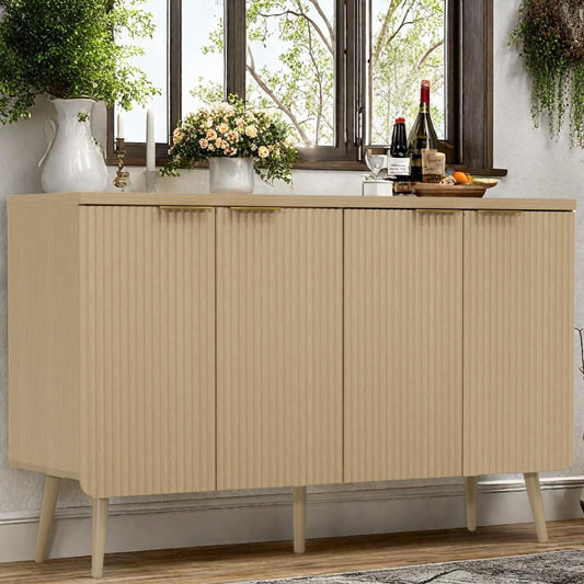 Fluted Buffet Cabinet with Doors and Shelves, Modern Wood Sideboard Coffee Bar Storage for Kitchen, Dining, and Living Room, Natural Oak