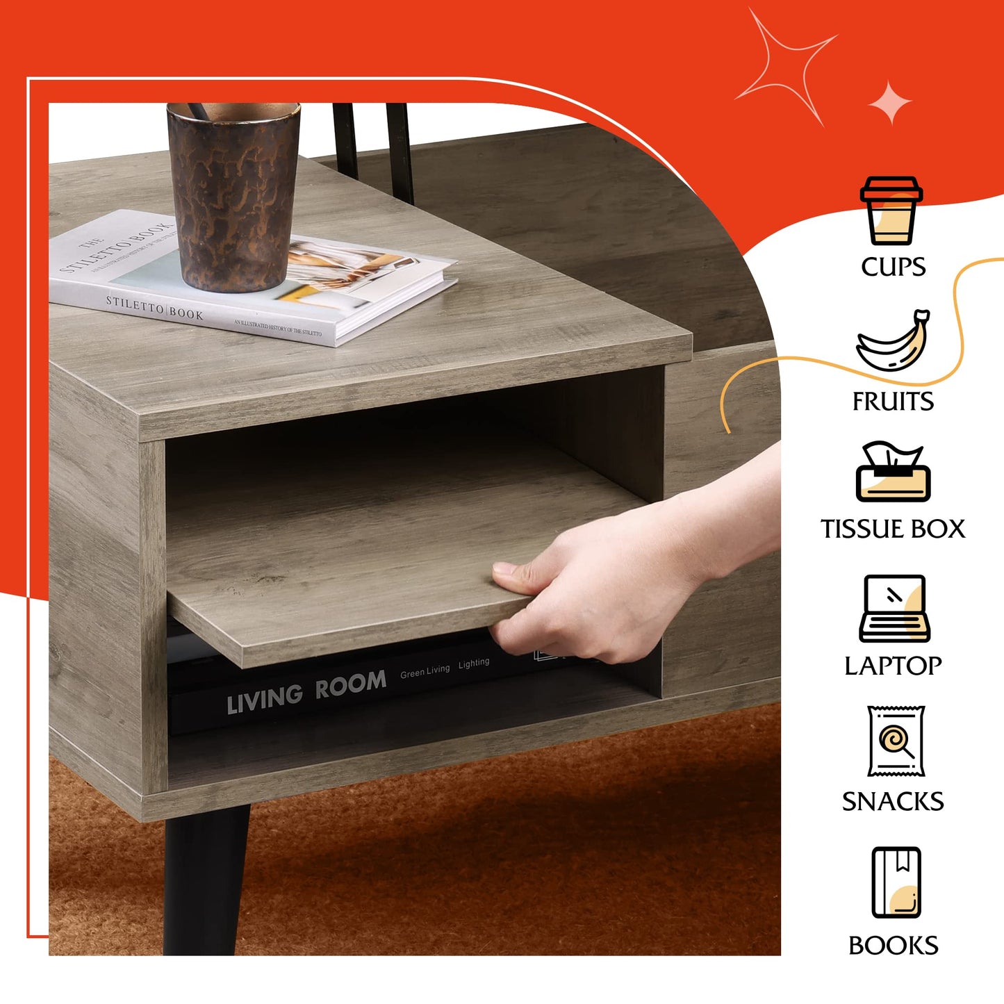 WLIVE Greige Lift Top Coffee Table – Mid-Century Modern Small Table with Adjustable Shelf & Storage Compartment for Living Room