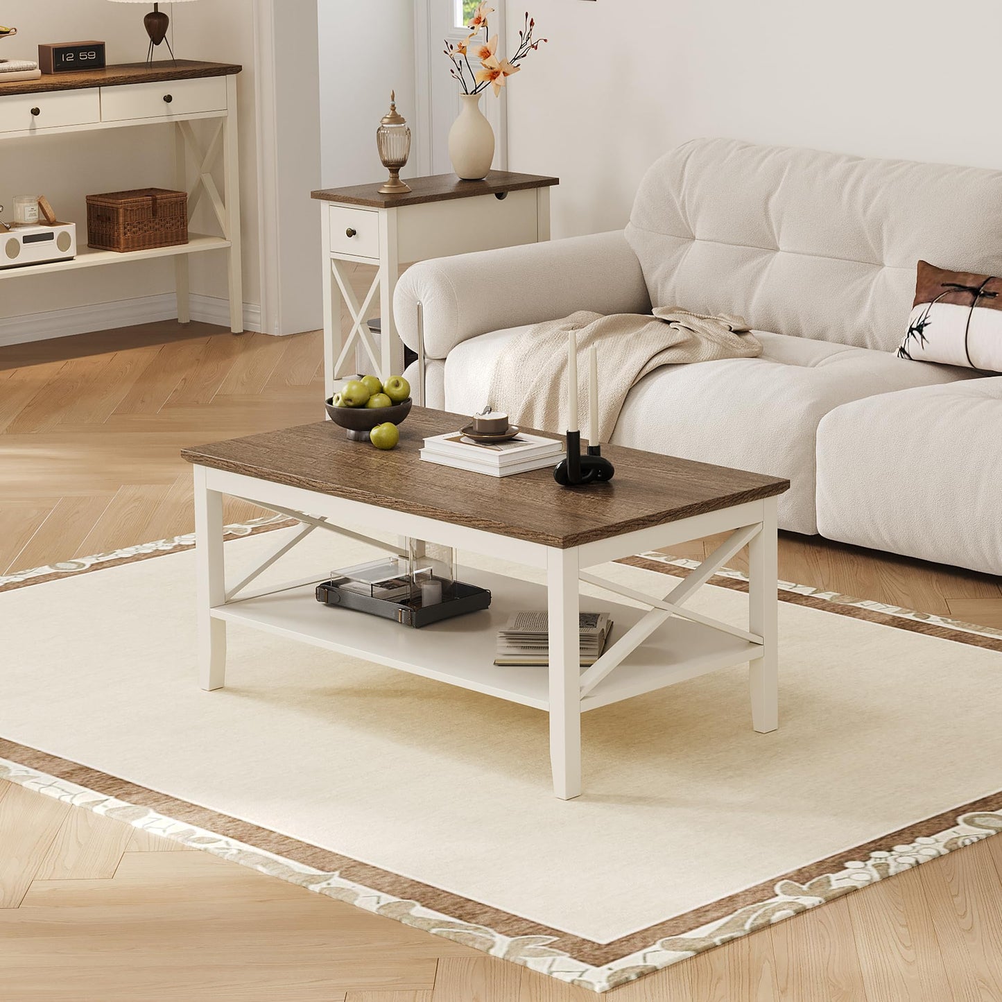 White Wooden Farmhouse Coffee Table with Thick Legs and Storage for Living Room