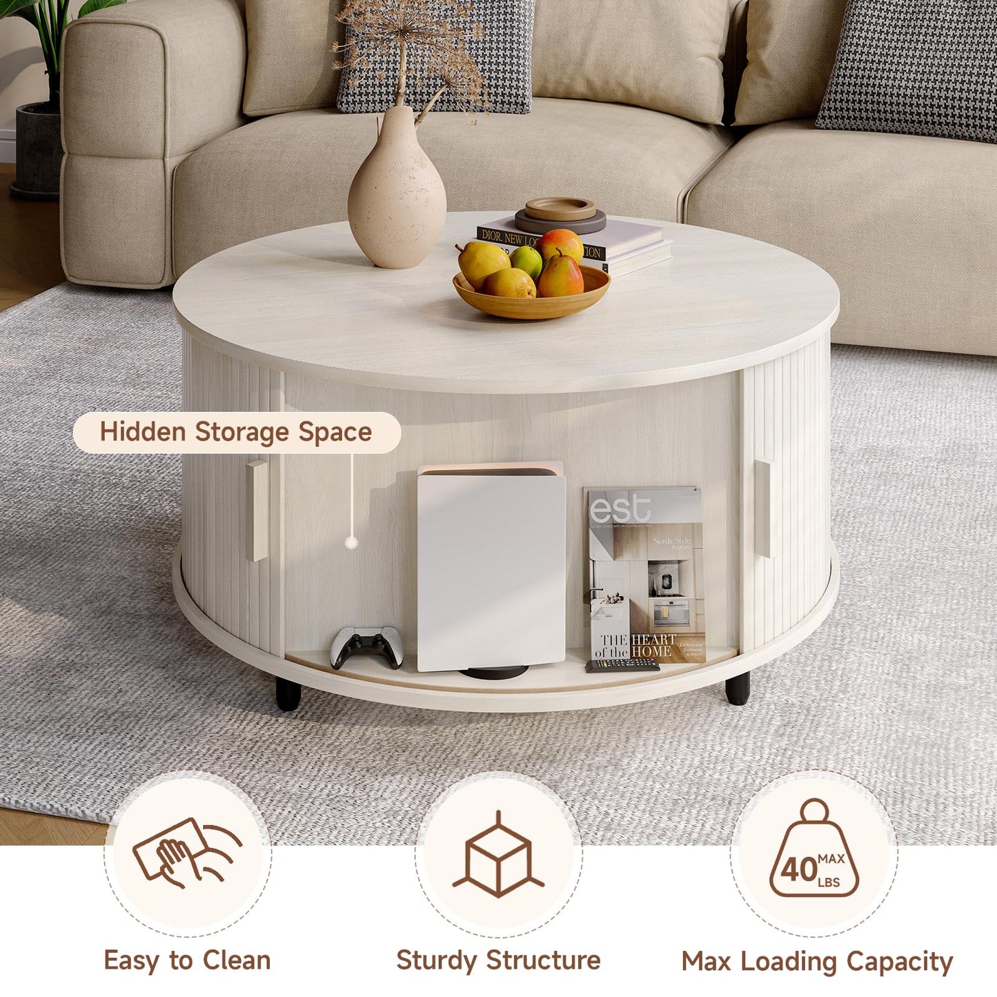 Round Coffee Table with Storage, 31.5" Modern Fluted Wood Table with 360° Sliding Door and Adjustable Footpads, Natural White