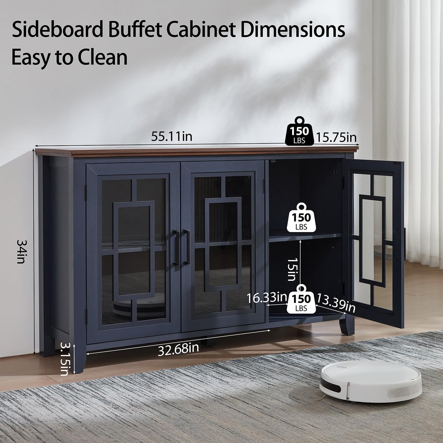 **55" Large Farmhouse Sideboard Buffet Cabinet with Storage, Wood Coffee & Wine Bar Cabinet with 3 Glass Doors, Mid-Century Modern Sideboard for Dining Room or Living Room, Navy Blue**