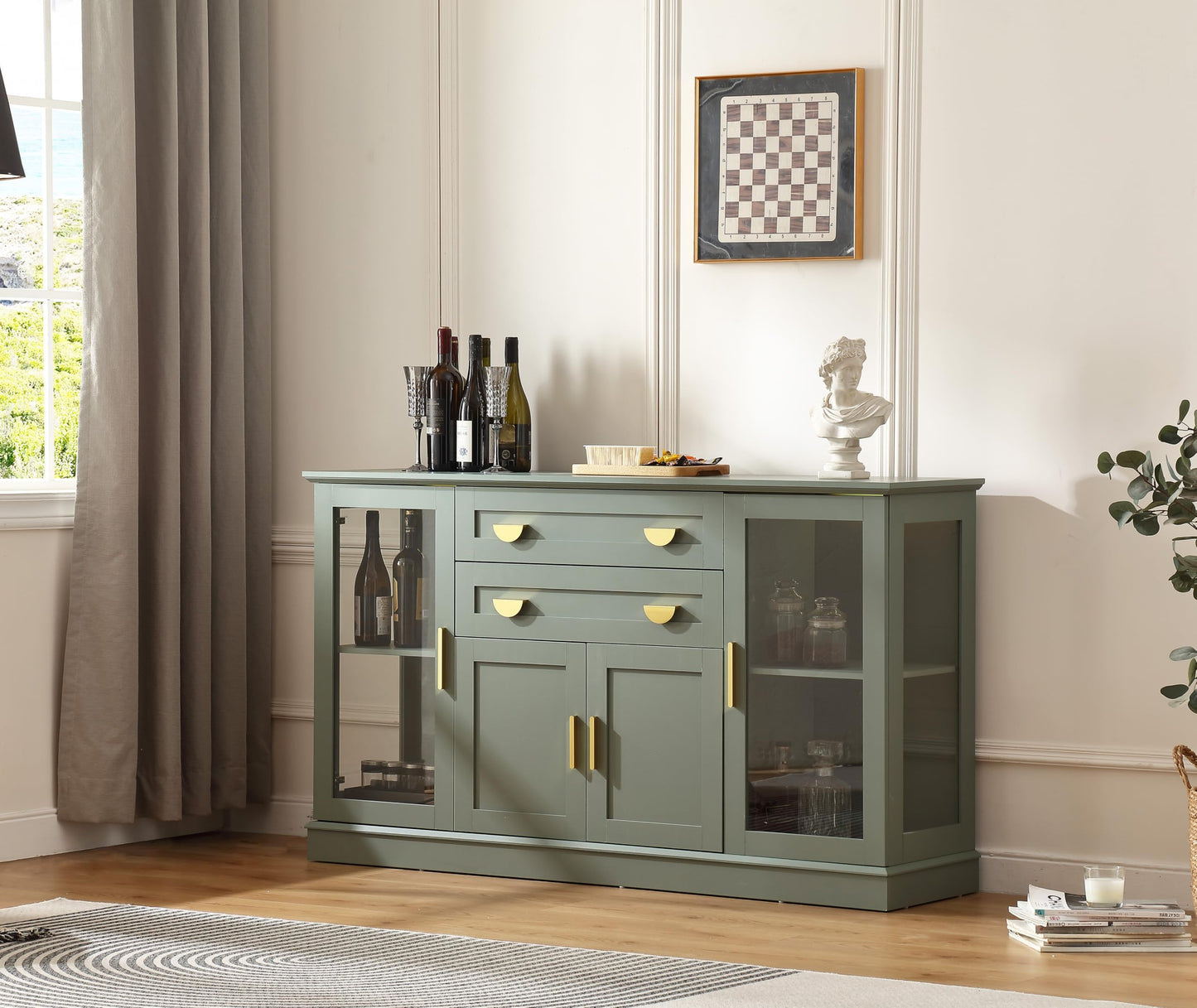 **58.27'' Buffet Cabinet with 2 Drawers and Adjustable Shelves, Large Glass Door Coffee Bar Cabinet, Modern Farmhouse Sideboard Credenza for Kitchen, Dining Room, Green**