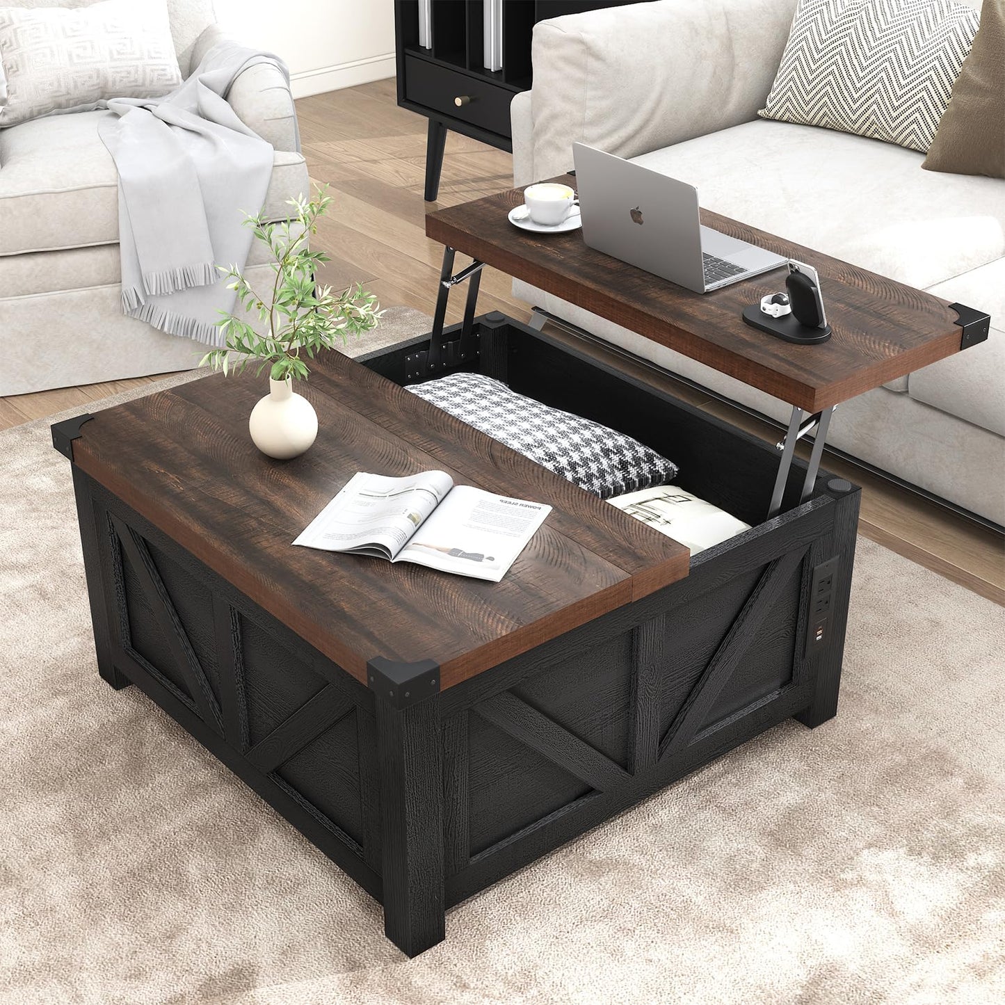 Farmhouse Lift Top Coffee Table with Storage and Charging Station – Black Wood Square Center Table with USB Ports, Hidden Compartment, and Large Storage Space for Living Room, Bedroom, or Home Office