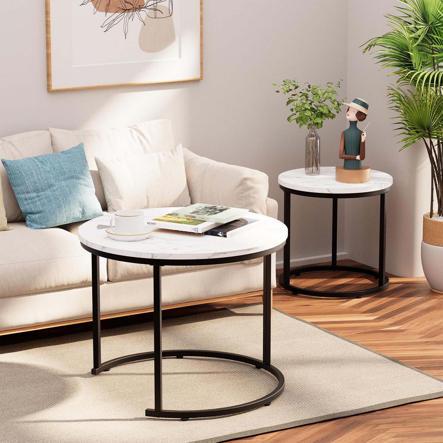 Round Nesting Coffee Table Set of 2, White Faux Marble Wooden Tables with Black Steel Frame for Living Room or Bedroom