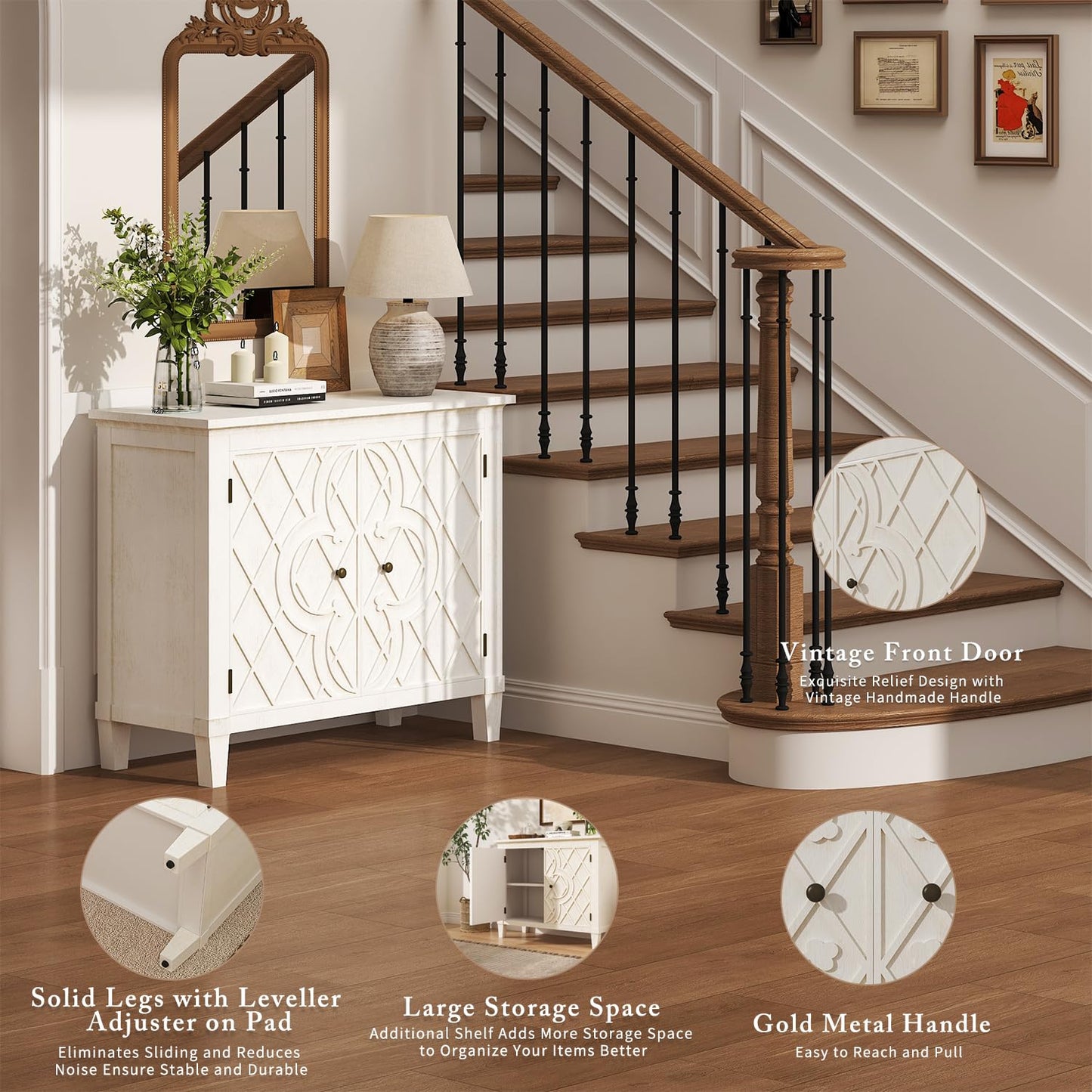 40" Coffee Bar Cabinet with Doors and Shelf, Wood Storage Sideboard with Carved Motif for Living Room, Kitchen, or Entryway, Distressed White