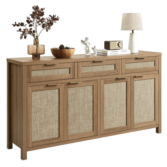 Boho Rattan Sideboard Buffet Cabinet with 4 Doors and 3 Drawers, Farmhouse Storage Credenza with Adjustable Shelves for Living Room, Hallway, or Kitchen