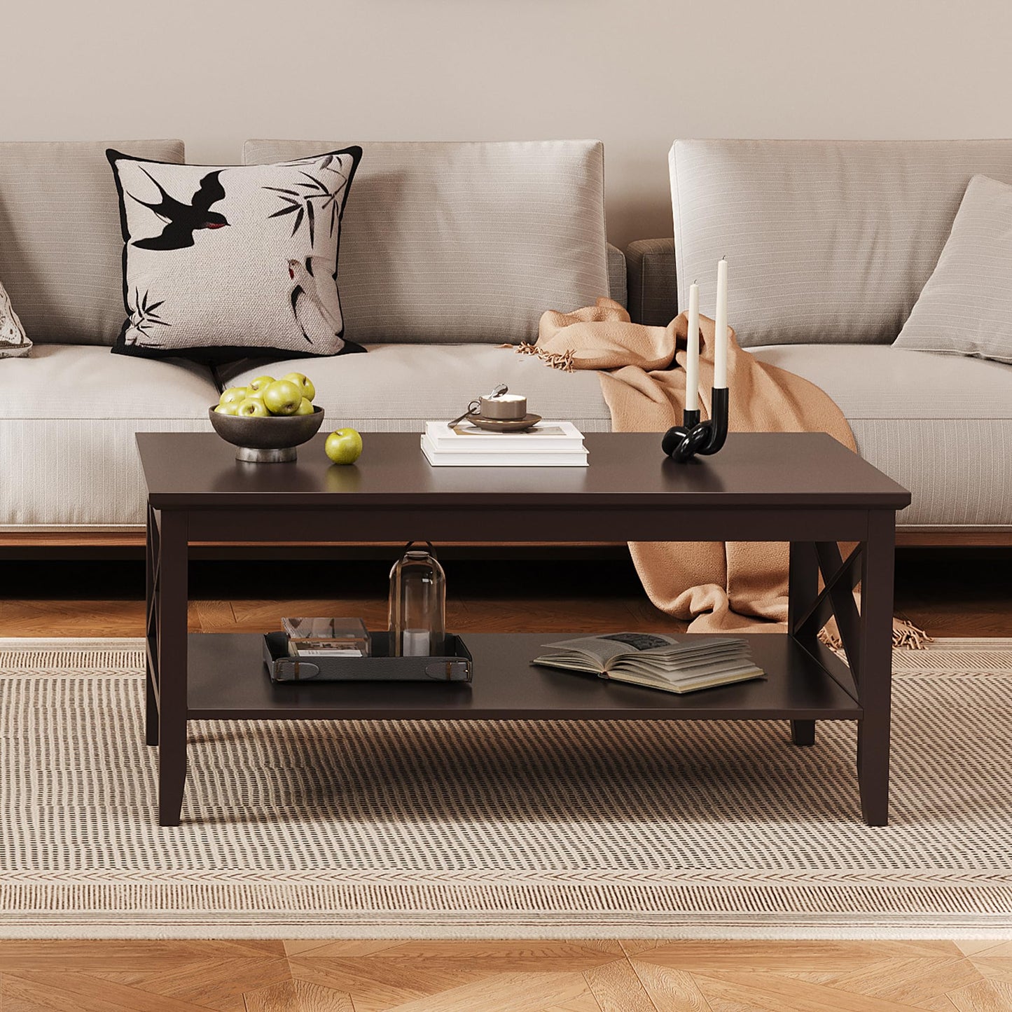 Espresso Wood Coffee Table with Thick Legs and Storage, 40 Inch Living Room Table