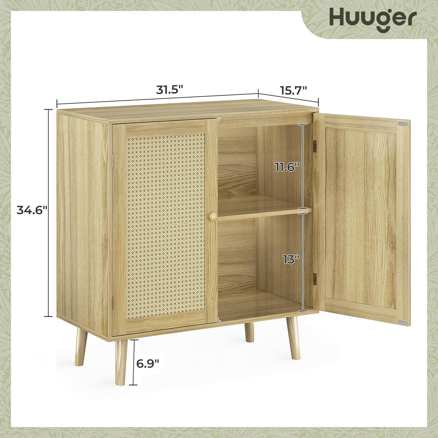 **Huuger Buffet Cabinet with Storage, PE Rattan Decor Doors, Solid Wood Feet Accent Sideboard for Hallway, Entryway, or Living Room, Natural**